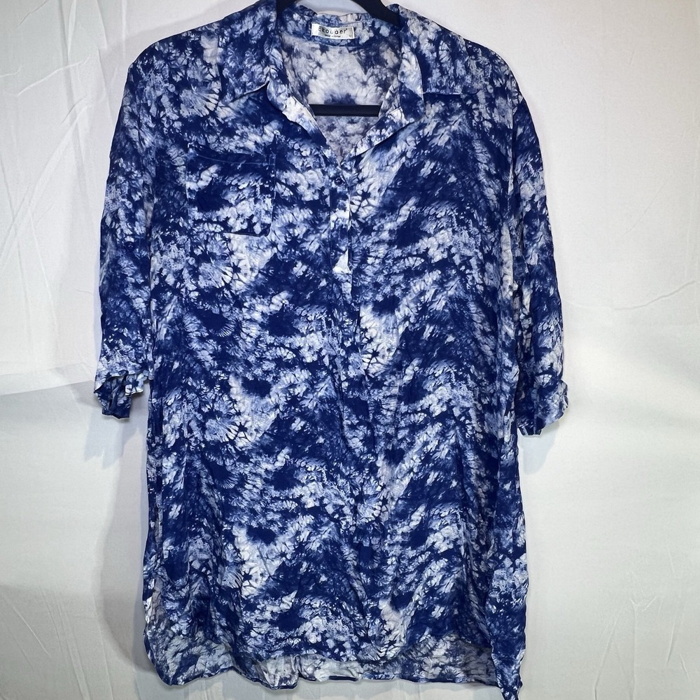 Women's Ekouaer Blue Tie-dye Medium Top Elastic Sleeves 3 Button Tunic Dress